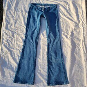 PXC Brazilian Molten Soft Stretch Light Faded Blue Ultra Low Rise Flare Jeans 38